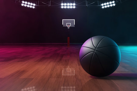 Black basketball on empty court 3d illustrationの写真素材