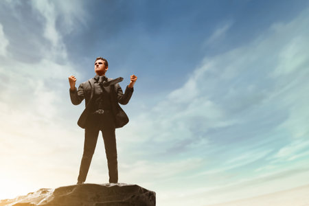 Strong business man looking on top mountain 3d illustration