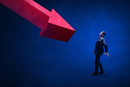 Business man shock with big arrow 3d illustrationの写真素材