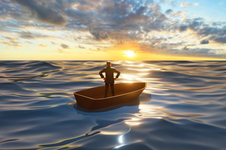 Business man standing on boat 3d illustrationの写真素材