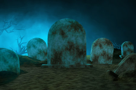 Cartoon grave stone in graveyard at night 3d illustrationの写真素材
