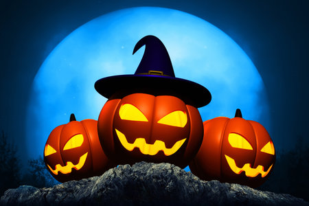 Group of cartoon smile pumpkins glowing face with full moon on 3d illustrationの写真素材