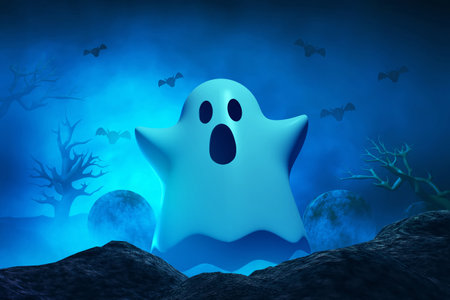 Cartoon funny white ghost sheet on graveyard cemetery with flying bat on 3d illustrationの写真素材