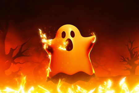 Cartoon funny white ghost sheet burning in hell on 3d illustrationの写真素材