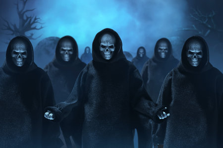 Group of grim reaper on graveyard cemetery with fog or smoke background