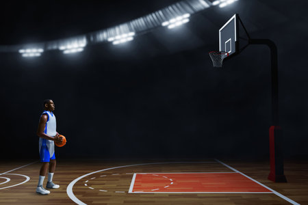 3d illustration young professional basketball player free throw in sport arenaの写真素材