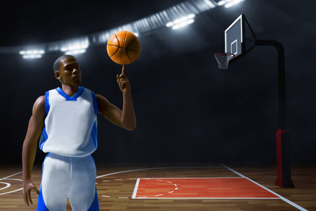 3d illustration young professional basketball player spinning a ball with finger hand in sport arenaの写真素材
