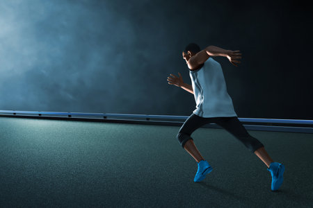 Young man runner sprinting at night with smoke, 3d illustration