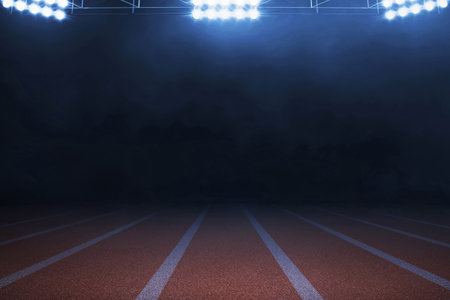 Empty nobody running track at night with smoke, sport background