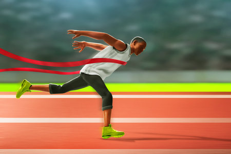 Young man runner sprinting to finish line in the stadium, 3d illustrationの写真素材