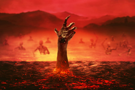 Burning hand rising out from hell with smoke mist fog, Religion concept