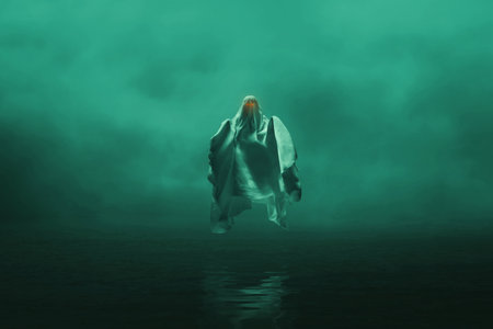 Flying white ghost sheet costume with glowing red eyes in lake with smoke mist fog