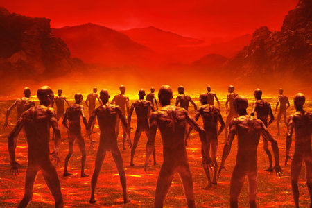 Crowd of people in hell with smoke mist fog, Religion conceptの写真素材