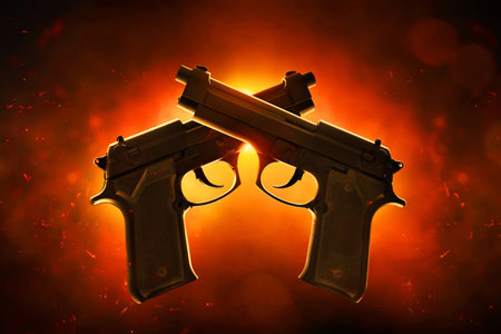 Two black handgun on dark backgroundの写真素材