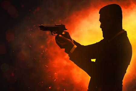 Silhouette of man in black suit holding gun on dark background
