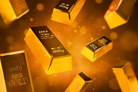 Shiny gold bars flying with glitter sparkle effect on dark background