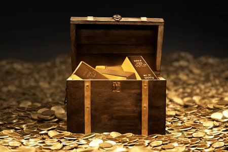 Open old vintage wooden treasure chest with shiny gold bars on dark backgroundの写真素材