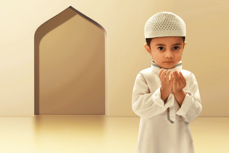 Portrait of asian muslim kid praying in the mosque door arch, eid adha mubarak conceptの写真素材
