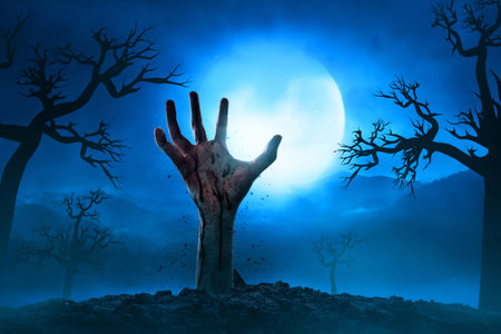 Bloody zombie hand rising out from the grave at night with full moon, Halloween theme
