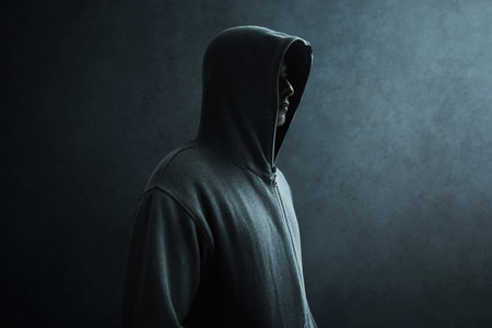 Hacker in hoodie on dark backgroundの写真素材
