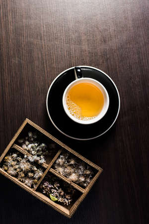 Tea on wood background.