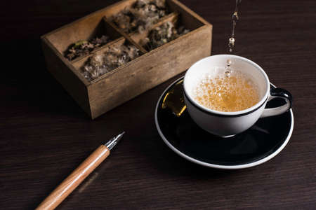 Tea on wood background.の写真素材
