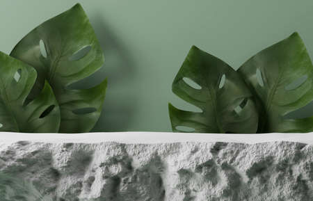 3D gray stone pedestal, display with monstera palm leaves. White Rock step podium, jungle summer exotic background. Natural beauty abstract trendy tropical leaf. 3D render illustration banner mockupの写真素材