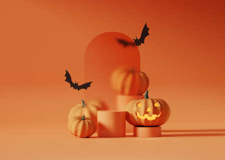 3D pedestal podium set on orange background. Halloween Flying bat and pumpkin with frame rim. Jack o lantern display showcase, product promotion. Abstract banner, spooky 3D renderの写真素材