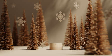 3D podium display, Christmas tree background for product. Nature Christmas beige backdrop with wood stand. Pedestal wooden realistic showcase. Brown, studio abstract, winter 3D render.の写真素材
