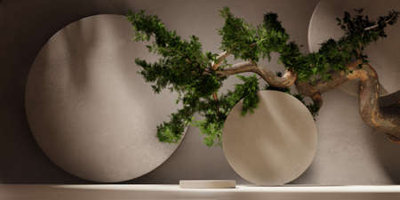 3D background, beige podium display, bonsai tree shadow. Nude Cosmetic, beauty product promotion mock up. Nature brown pedestal. Trendy minimal studio banner, abstract 3D render illustration.の写真素材