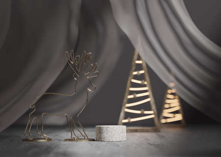 3D podium display, Christmas tree background for product with gold reindeer. Modern Christmas dark backdrop stand. Nature pedestal concrete, luxury showcase. Studio abstract, winter 3D render.の写真素材