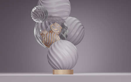 3D background podium display, abstract metallic gold Christmas ball flying. Pastel purple gray...