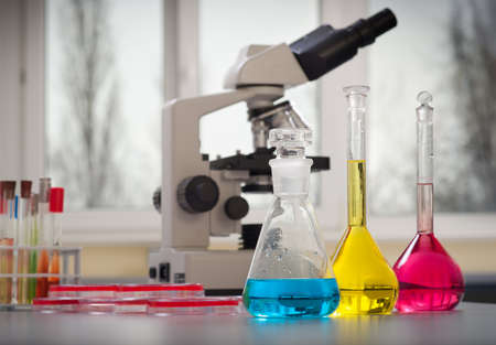 Test tubes filled with colored fluidの写真素材