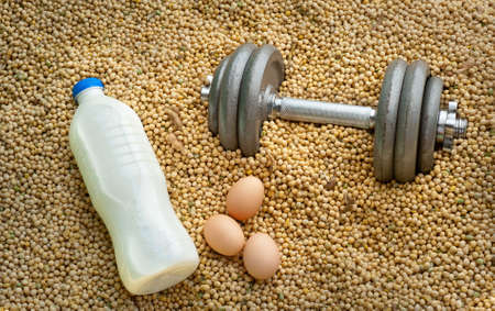 3 different source of proteins: milk, eggs, soyaの写真素材