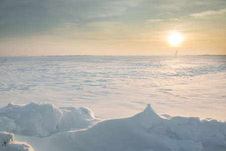 Sunset on the snowy plainの写真素材