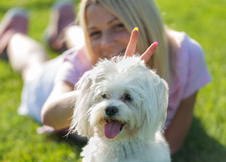 girl and dog lying on the grass