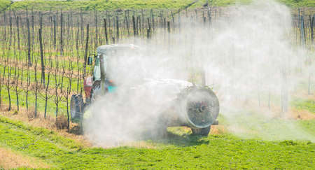 spraying apple orchard in springの写真素材