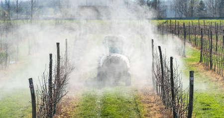 spraying apple orchard in springの写真素材