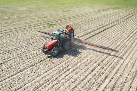 tractor spraying pesticides on soy beanの写真素材