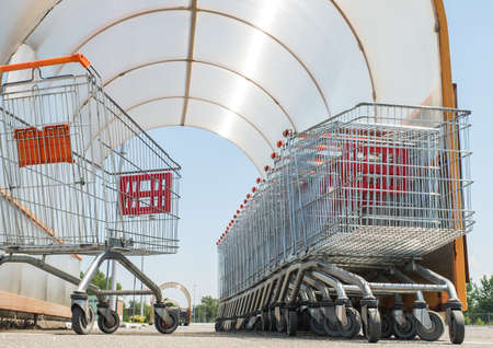 Shopping carts on a parking lotの写真素材