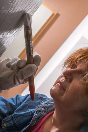 Woman painting door with brushの写真素材