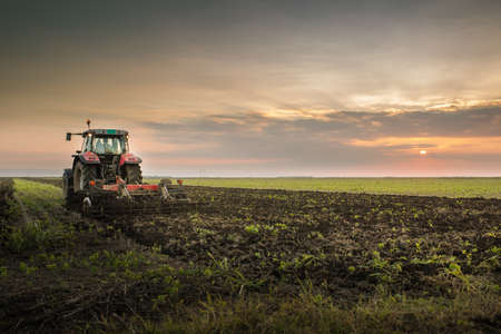 Tractor plowing a field at duskの写真素材