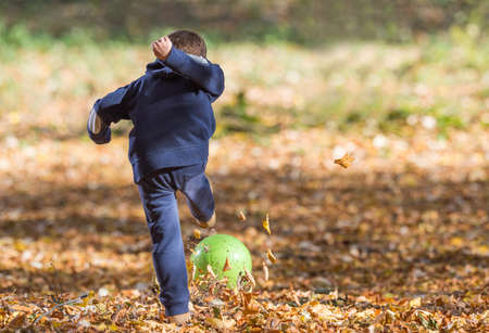 boy kicking ball in autumn leavesの写真素材