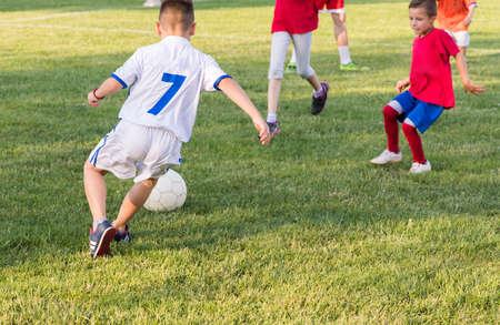Kids soccer football - young children players match on soccer field の写真素材
