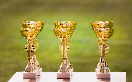 Beautiful champion golden trophy cups for winners in soccer 