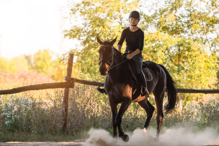 Young pretty girl - riding a horse with backlit leaves behind