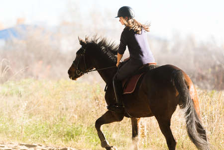 Young pretty girl - riding a horse in winter morning