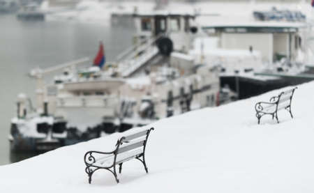 Snow covered iron bench in the quayの写真素材