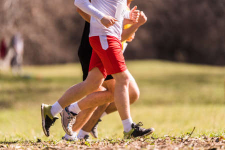 Marathon running race, people feet on grass roadの写真素材