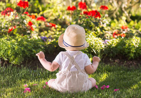 Baby boy sitting on the grass  watching flowers in the garden on beautiful spring dayの写真素材